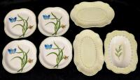 7pcs FITZ AND FLOYD Summer Hill Collection Dishware, 4 9.25" Square Plates, 2 Long 13.25" Platters, 11.5" Long Deep Dish, 1 Chip on Plate, Some Crazing Present