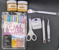 New & As-New Art Supplies: 9 Pastel Dual Brush Pens, 5pc Cricut Basic Vinyl Tool Set, 2&times; Artme Gold Metallic Acrylic Paint