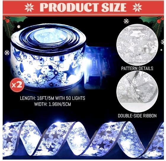 5 New Packs Silver Christmas Tree Ribbon Light Wired 2 Strands Per Pack (2x16ft) - Christmas Ribbon Decoration Swirl Sheer Wired Christmas Ribbon Sheer Glitter Ribbon for Christmas Tree