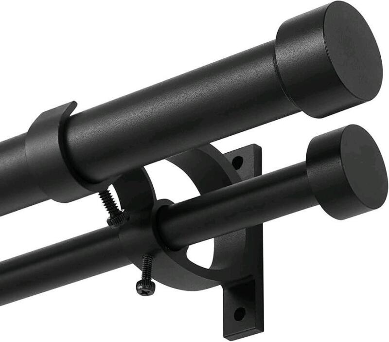 New Matte Black Double Curtain Rods 36 to 72 Inches (3-6 Feet),1-Inches Front and 5/8 Inches Back Adjustable End Cap Double Window Drapery Rod for Drapes and Curtains