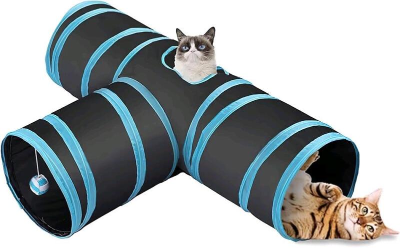 New Cat Tube Tunnel, Collapsible 3 Way Cat Tunne Toy, Outdoor Cat Tube Tunnel for Cat, Puppy, Rabbit, Small Animals (Blue)