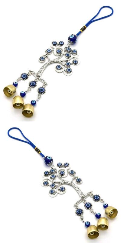 2 New Turkish Hamsa Evil Eye Tree of Life 10" Wind Chime / Car Charm / Wall Hanging With Bells