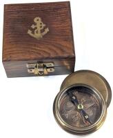 New Brass Compass With Screw on Lid in Wooden Gift Box, Compass 2 ⅜" in Diameter