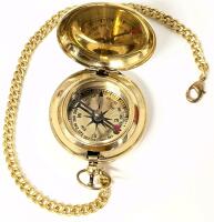 Neat New Brass Pocket Compass / Push Button Pocket Compass, 1.8" Diameter on 10" Long Chain