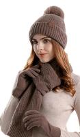 New sz O/S Amberetech Women Winter Warm Beanie Hat+ Long Scarf +Touchscreen Gloves Set Skull Caps Neck Scarves with Fleece Lined