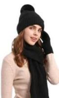 New sz O/S Amberetech Women Winter Warm Beanie Hat+ Long Scarf +Touchscreen Gloves Set Skull Caps Neck Scarves with Fleece Lined