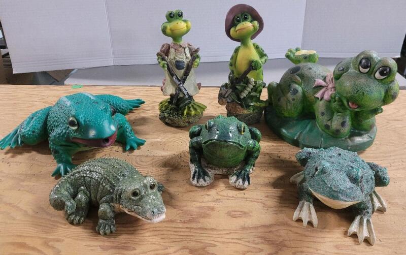 Seven (7) Garden Art Resin & Plastic Frogs and Alligator