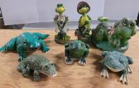 Seven (7) Garden Art Resin & Plastic Frogs and Alligator