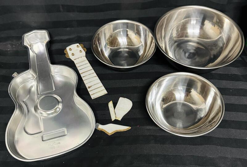 Vintage Wilton Guitar Cake Pan plus 3 Stainless Steel Mixing Bowls - See Description