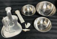 Vintage Wilton Guitar Cake Pan plus 3 Stainless Steel Mixing Bowls - See Description