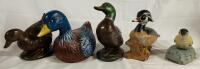 5 Decorative Duck Statues, Includes 4 Bisque Ceramic and 1 Plastic/Resin