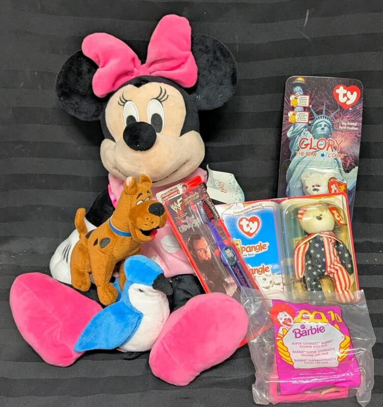 Vintage to Modern Toys: 1999-2000 McDonald's TY Teenie Beanies & Barbie, 1997 Rocket Beanie Baby, WWF Undertaker Toothbrush, 2009 Ty Scooby Doo Plush & 20" Disney Baby Minnie Plush With Tag