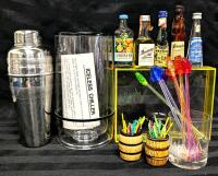 Vintage to Modern Barware: Grey Goose Cocktail Shaker, Benson & Hedges Iceless Chiller, 5 Collectable Mini Bottles, 2 Porcelain Barrels With Picks & Assorted Swizzle Sticks in Etched Glass