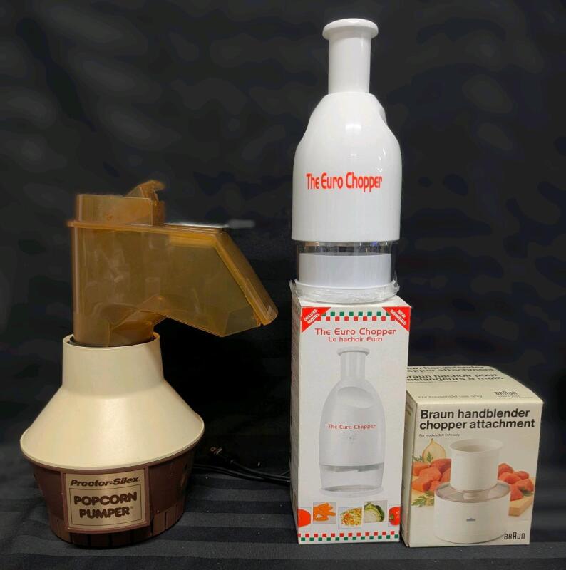 Vintage Proctor Silex POPCORN PUMPER, New Euro Chopper & As-New Braun Handblender Chopper Attachment , Pumper Tested For Power