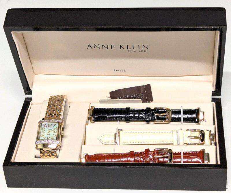 ANNE KLEIN New York Women's Watch 12/1754 With 3 Genuine Leather Interchangeable Watch Straps in Original Box, Non-Functional