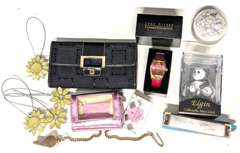 Assorted Vintage Watches + More : Joan Rivers Classics Collection, Elgin Panda Mini Clock, Liz Claiborne Wallet, Star Harmonica, Noble Metal Whistle, Elizabeth Aden Mini Cosmetic Case, 4 Magnetic Tie-Backs