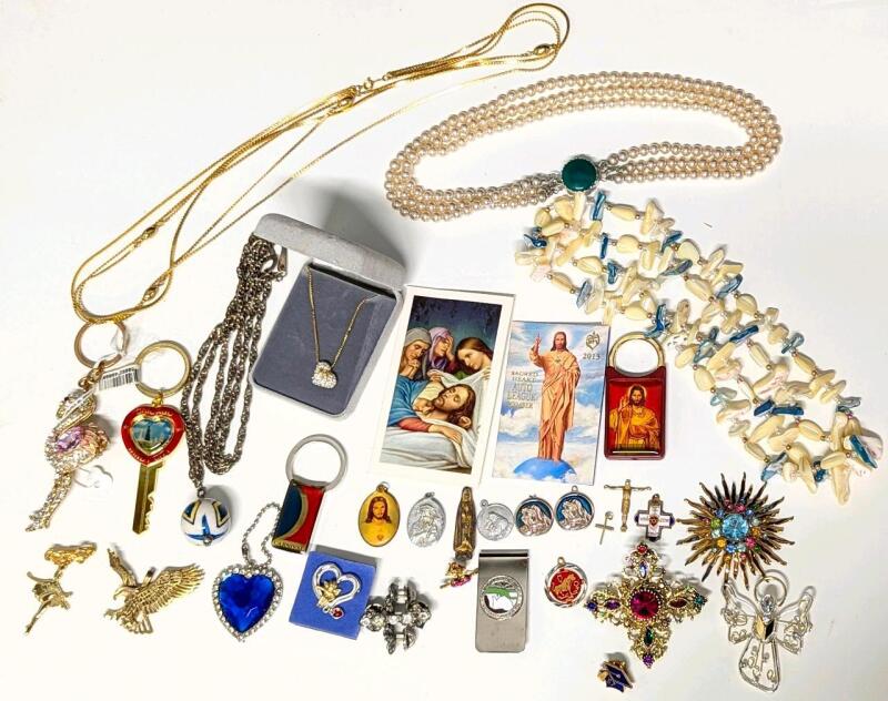 Assorted Vintage Jewelry, Keychains, Religious Medallions ++