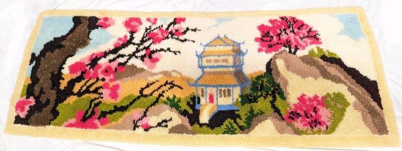 Large Vintage 62.5" Long &times; 23" Wide Japanese-Themed Rug Hooking Rug / Tapestry / Couch Cover