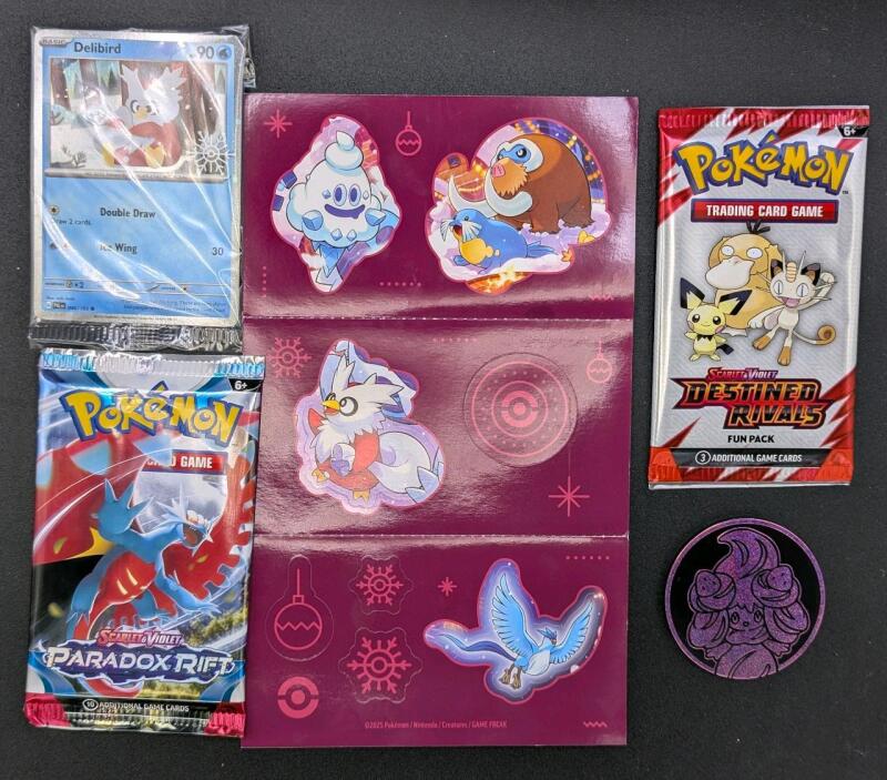 2 New Pokemon TCG Card Packs, Individual Delibird Card + Stickers, Alcremie Plastic Coin