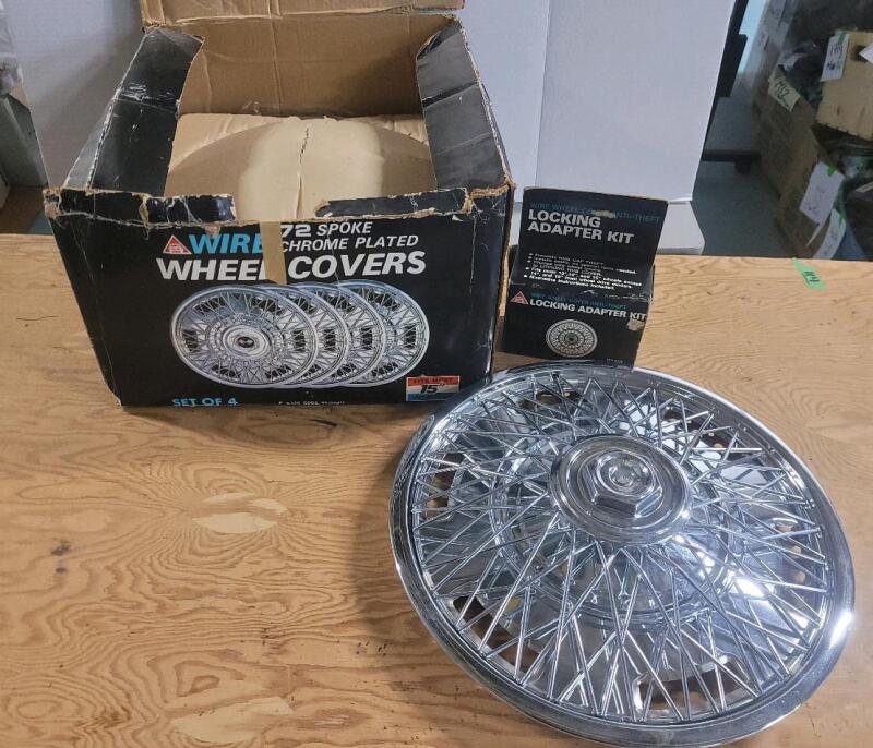 15" 72-Spoke Set of 4 Chrome Plated Wheel Covers w/Locking Adapter Kit . Never Used