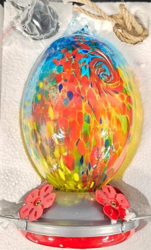 REZIPO Glass Hummingbird Feeder for Outdoors Hand Blown Glass 30 Ounces Colorful Patio Garden Hummingbird Feeder with Hooks, Brush and Service Card