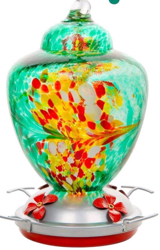 REZIPO Hummingbird Feeder with Perch - Hand Blown Glass - 38 Fluid Ounces Hummingbird Nectar Capacity Include Hanging Wires and Moat Hook