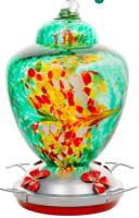 REZIPO Hummingbird Feeder with Perch - Hand Blown Glass - 38 Fluid Ounces Hummingbird Nectar Capacity Include Hanging Wires and Moat Hook