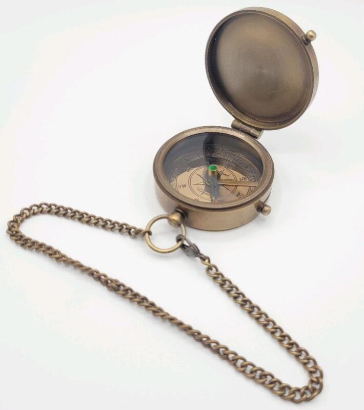 New Antique-Finish Brass Pocket Compass with Cover and Chain . See photos for size