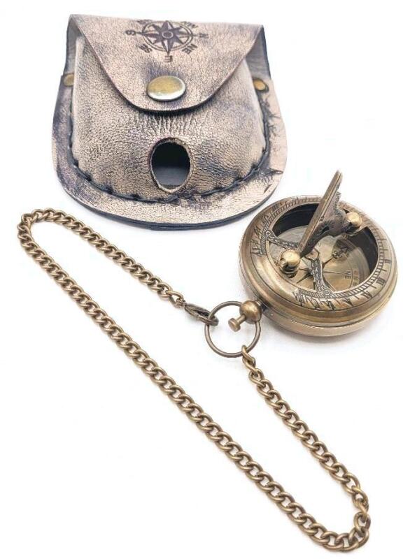 New Pocket Watch-Style Compass / Sundial Antique Finish Brass with Chain & Leather Belt Pouch. Compass measures 1 ⅞" diameter