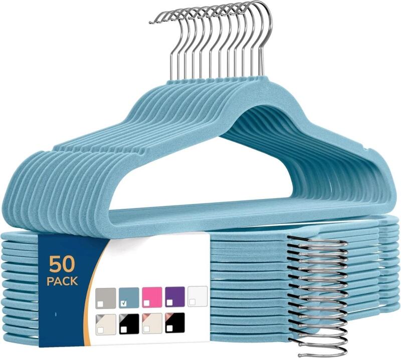 New 50-Pack ZOBER Light Blue Premium Soft Textured Velvet Hangers