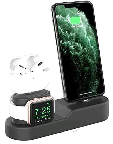 New AhaStyle 3 in 1 Charging Stand Dock Silicone Compatible with Apple Watch, AirPods Pro 2/AirPods Pro/AirPods 3 & 2 & 1 and All iPhone Models (Black)