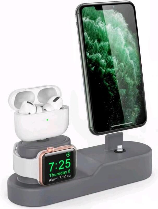 New AhaStyle 3 in 1 Charging Stand Dock Silicone Compatible with Apple Watch, AirPods Pro 2/AirPods Pro/AirPods 3 & 2 & 1 and All iPhone Models (Dark Grey)