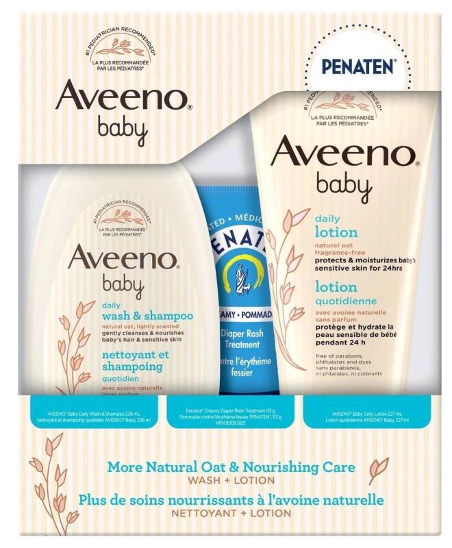 [EXP 09/2027] New 3pc Aveeno Baby &times; Penaten More Natural Oat & Nourishing Care Baby Gift Set : Daily Wash/Shampoo, Creamy Diaper Rash Treatment & Daily Lotion
