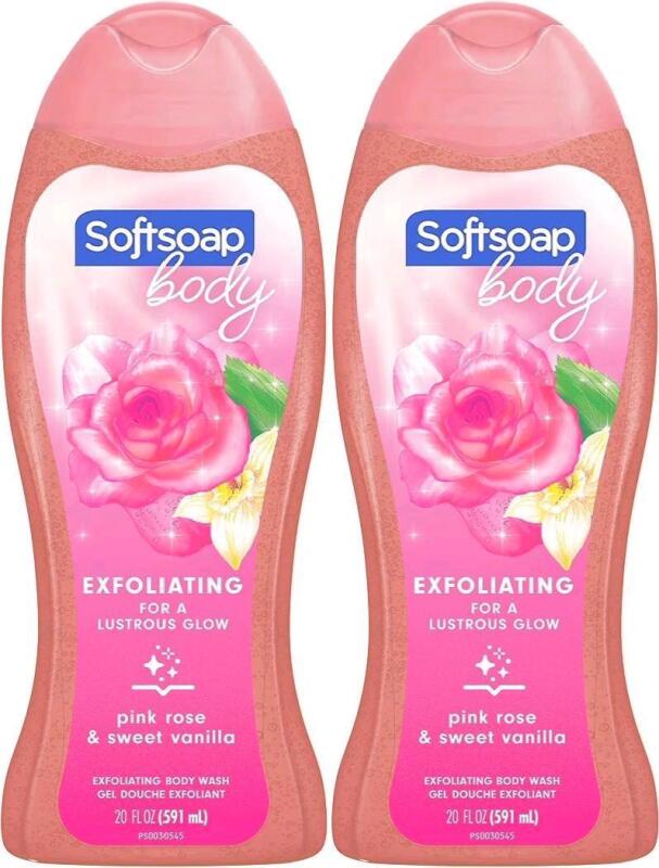 2 New Softsoap Exfoliating Body Washes, Lustrous Glow Pink Rose and Vanilla, 591 mL