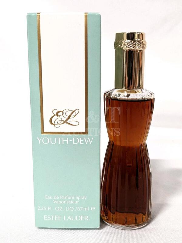 New ESTEE LAUDER Youth-Dew Eau de Parfum Spray 67ml. Note: missing bow. Top notes are Spices, Aldehydes, Narcissus, Lavender, Orange, Peach, Bergamot and Coca-Cola; middle notes are Spicy Notes, Cloves, Cinnamon, Rose, Ylang-Ylang, Jasmine, Lily-of-the-Va