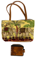 Vintage Colorful Cotton Tote Bag w/ Elephant Print, Faux Leather Handles & Handmade 'Mary' Leather Wallet