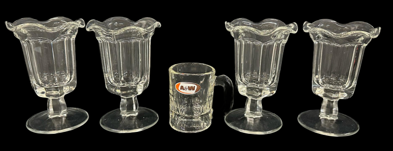 Vintage Glass Sundae Dessert Cups Set of 4 with A&W Root Beer Mini Mug, 5.25" Tall, 1970s-1980s