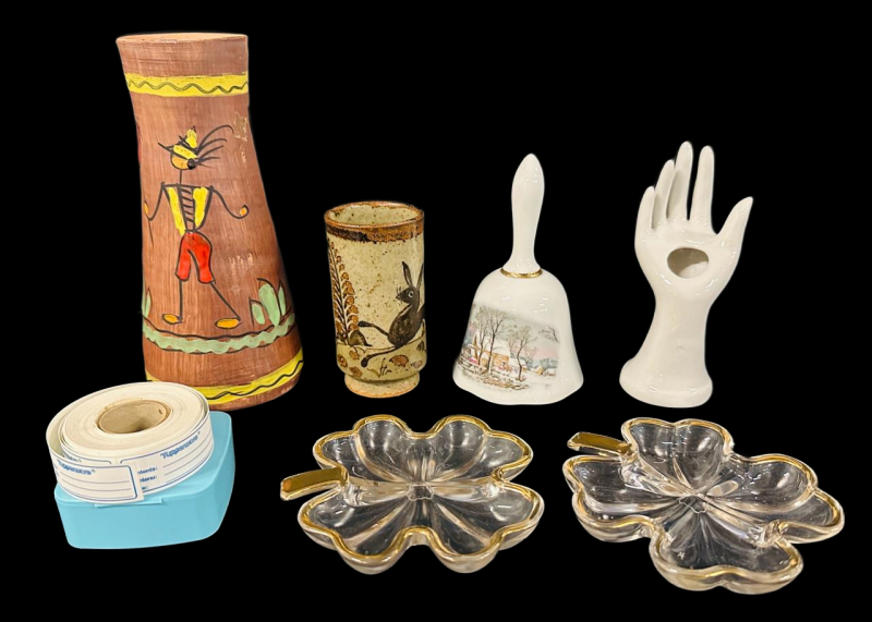 Vintage Tupperware Freezer Label Dispenser with Nearly Full Roll of Contents/Date Labels,=Italian Vase, Hand Vase, Vell, Shamrock Dishes +
