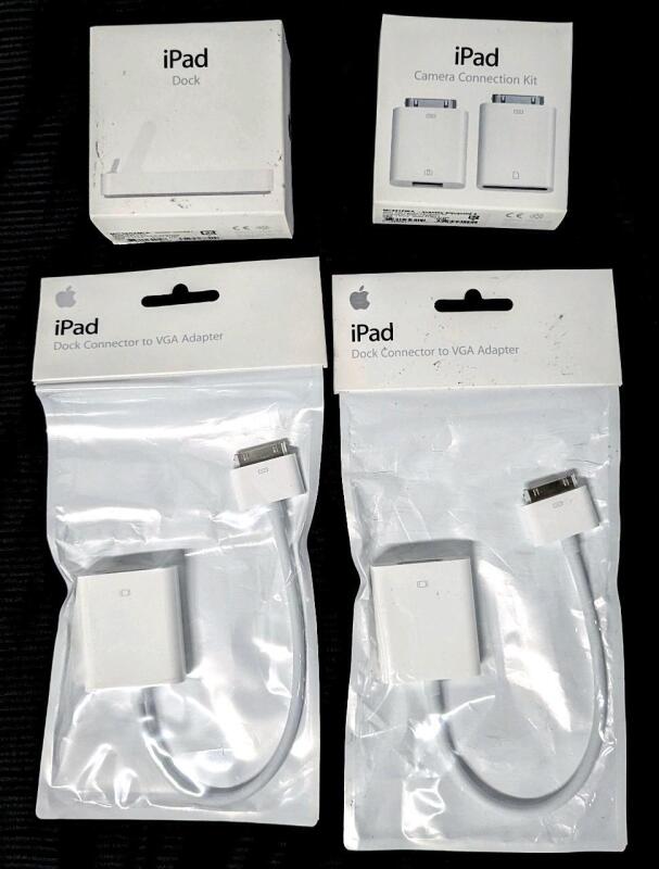 4 New Sealed APPLE iPad Accessories: Dock A1362, Canera Connection Kit A1362 A1358 & 2 Dock Connector to VGA Adapters A1368