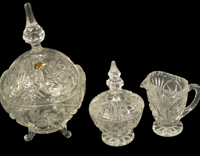 Vintage Crystal Zajecar Yugoslavia 3-Piece 24% Lead Cut Crystal Candy Jar + Sugar Bowl, Creamer