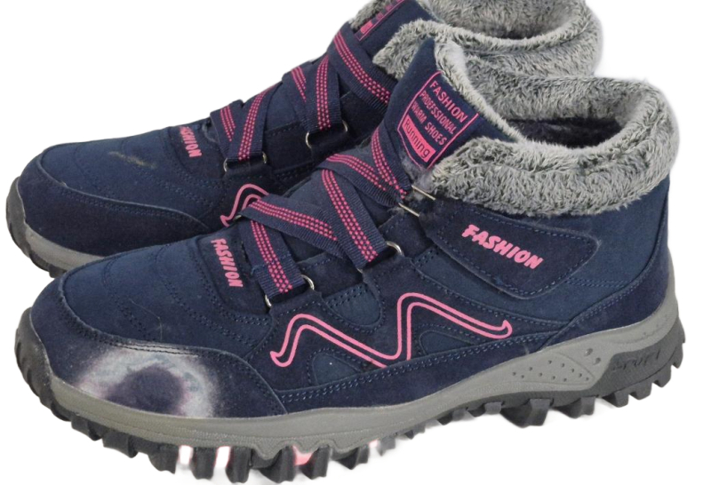 As-New Women's EU 40 Winter Hiking Boots, Navy/Pink, Faux Fur Lined, Heavy-Tread Sole, Lace-Up Ring of Discoloration