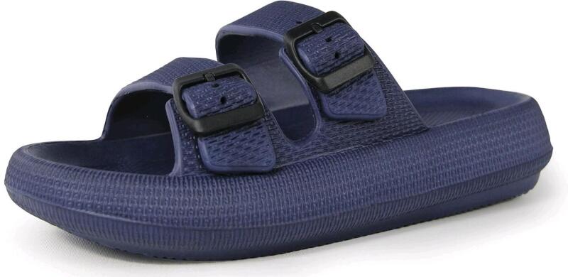 New Size 7-7.5W / 5-6M Unisex WEWEYA 2 Buckle Pillow Slides, Flat Athletic Sport Outdoor Sandal, Blue