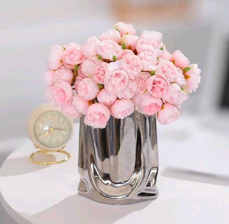 New Esdallina 10pcs Artificial Mini Pink Cabbage Roses with Vase