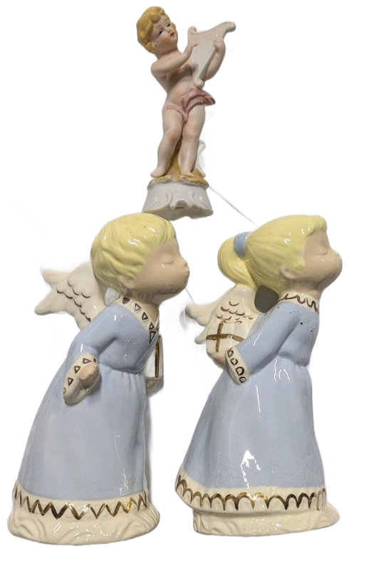 Vintage Korea Porcelain Angels & Cherub Wall Plaque Set, Blue/Gold, 7" Glazed Figurines