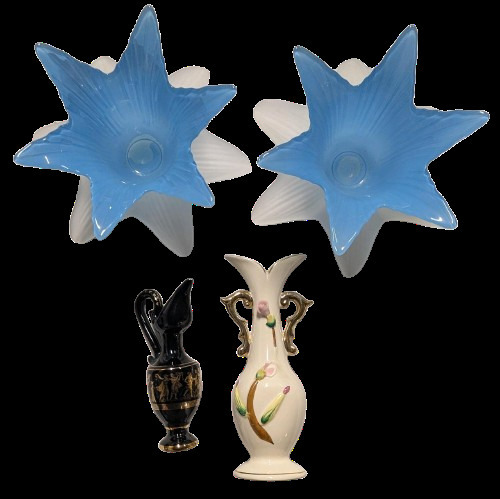 Pair Italian Blue White Star-Shaped Art Glass Bowls, Fabiola Greek Vase, Japan Floral Vase