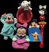 Vintage Disney Collectible Lot: Statue of Liberty Minnie Beanbag Plush, 101 Dalmatian Planter, Mickey Back Scratcher, Pluto/Mickey Letter Holder, Battery-Powered Baby Minnie, Untested