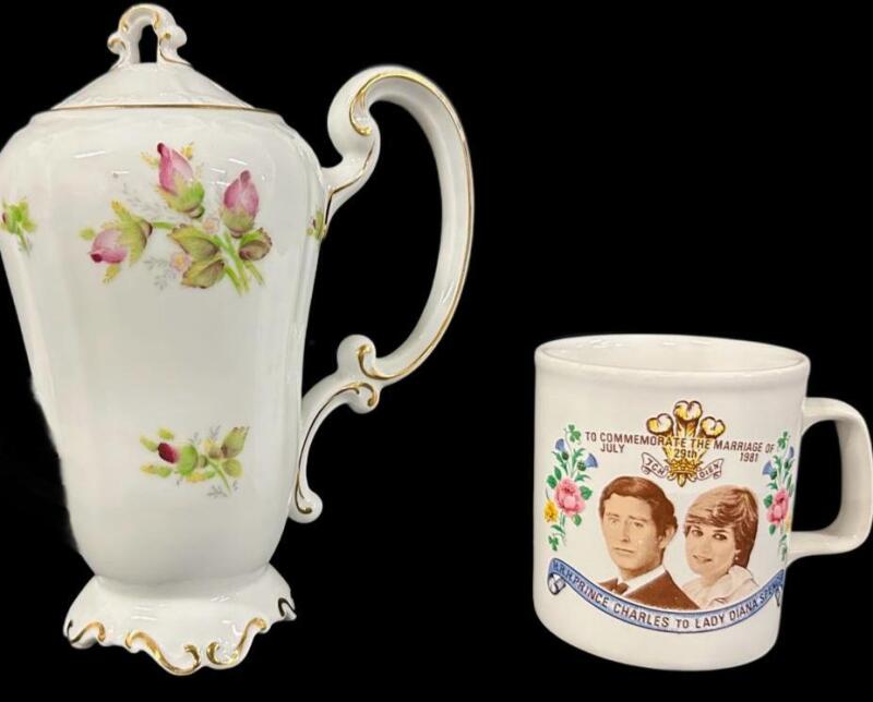 Vintage Ohata China Porcelain Coffee Pot, Floral Rosebud & Gold Trim, 10" Tall, Japan & Marriage of Charles + Diana Commemorative Coffee Mug