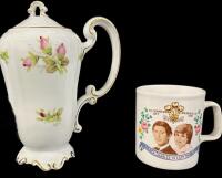 Vintage Ohata China Porcelain Coffee Pot, Floral Rosebud & Gold Trim, 10" Tall, Japan & Marriage of Charles + Diana Commemorative Coffee Mug