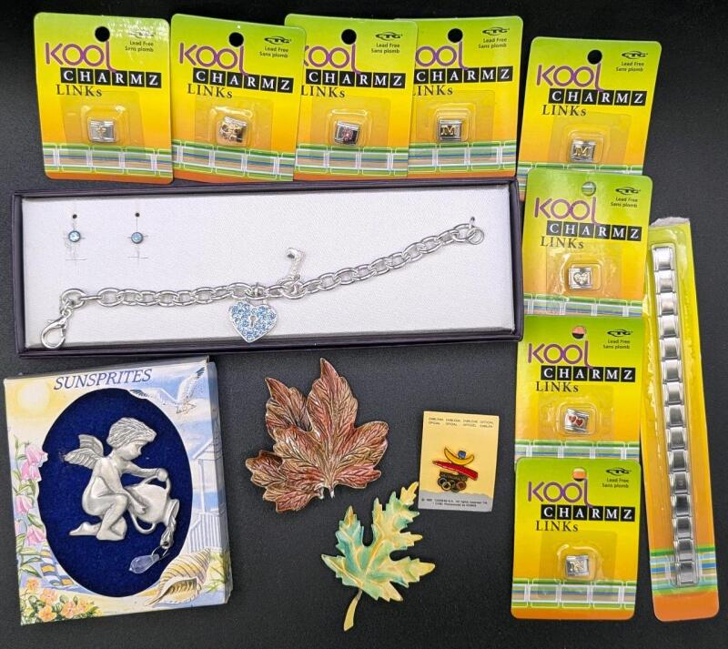 Vintage to Modern Jewelry: New Kool Charmz 6" Bracelet & 8 Charms, 2 Leaf Brooches, New Bracelet & Earrings Set, Pewter Window Hanger