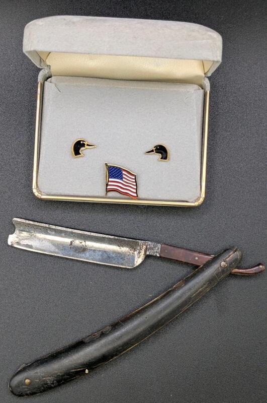 Vintage Straight Razor With Tortoiseshell & Wood Handle + Pair of Ducks Unlimited-Style Earrings + US Flag Pin